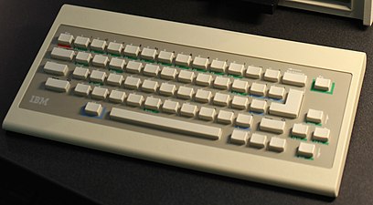 На клавиатуре IBM PCjr Fn-слой обозначен зелёным цветом. Клавиша Fn — в правом верхнем углу