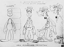 A collection of drawings of an anthropomorphic door-to-door salesman dog from the 1938 animation Jungle Jitters. The image shows multiple angles and proportions so animators can avoid drawing "off-model"
