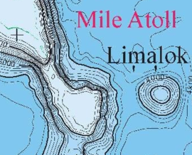 A bathymetric map of Limalok; it lies southwest of Mili and has a roughly triangular shape.
