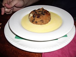 Dessert: Spotted dick (19th century[68]) with custard (Roman,[69] and medieval[70])
