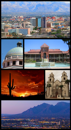Clockwise, from the top: Downtown Tucson skyline, Old Main, University of Arizona, St. Augustine Cathedral, Santa Catalina Mountains, Saguaro National Park, Pima County Courthouse