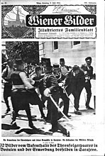 Austrian weekly Wiener Bilder, a magazine supplement featuring the photograph captioned as the arrest of Gavrilo Princip, 5 July 1914.