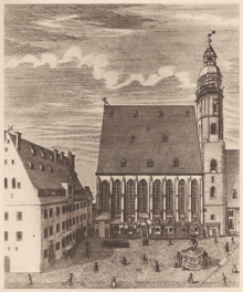 gravure : église St Thomas à droite et bâtiment de l'école à gauche