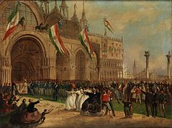 Entry of Victor Emmanuel into Venice in 1866, reception by the Patriarch of Venice in front of St. Mark's Church