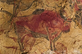 Bison in red ochre in the Cave of Altamira, Spain, from upper Paleolithic era (36,000 BC)