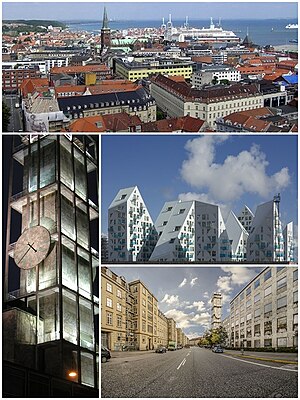 Dari atas dan kiri ke kanan: latar langit Aarhus, Dewan Bandaraya Aarhus, Isbjerget, Park Allé