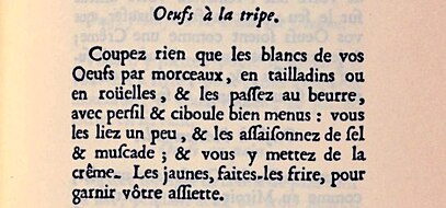 Œufs à la tripe dans Le Cuisinier Royal et Bourgeois de Francois Massialot (1693)[145]