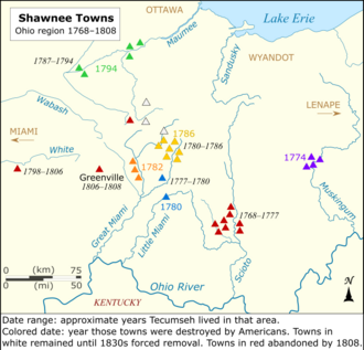 Shawnees retreat further from the Ohio River as towns are destroyed in American raids.