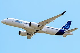Initialement connu comme CS300, le 8e avion d'essais en vol effectue un passage bas à l'aéroport de Toulouse-Blagnac le 10 juillet 2018 pour sa présentation au siège d'Airbus sous sa nouvelle appellation.
