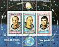 طوابع من أم القيوين تحمل صور رواد الفضاء في مهمة أبولو 13 وهم جيم لوفل وفريد هايس وجاك سويغيرت