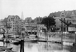 Binnenhafen 1883, mit Neuem Kran, Hoher Brücke sowie Außen- und Binnenkajen