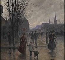 painting of people walking downtown at the turn of the 20th century