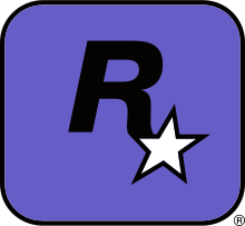 A capital "R" in black has a five-pointed, white star with a black outline appended to its lower-right end. They lay on a purple square with a black outline and rounded corners.