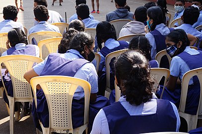 School children in India. School uniforms are often blue.
