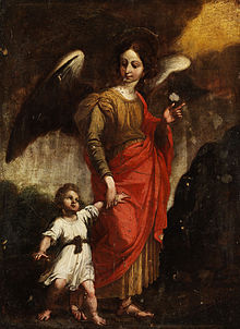 Tableau montrant un ange tenant dans sa main un jeune enfant habillé en blanc