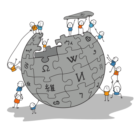 کارتونی از افرادی در حال کار برای ساخت کرهٔ ویکی‌پدیا