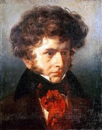 painting of young white man with abundant curly brown hair and side-whiskers, wearing bright red cravat