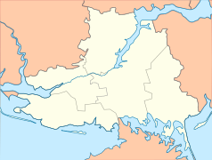 Mapa konturowa obwodu chersońskiego, w centrum znajduje się punkt z opisem „Tawrijśk”