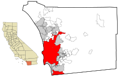 San Diegon kaupungin sijainti San Diegon piirikunnan kartalla