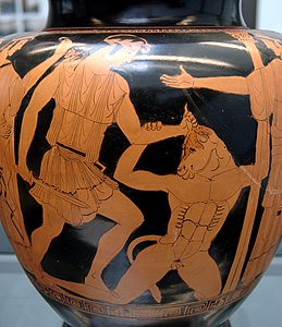 Theseus and the Minotaur. Side A from an Attic red-figure stamnos, c. 460 BC.