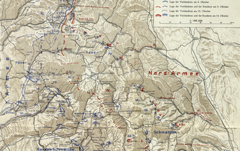 Operations on the front of the Romanian North Army during the ending phase of the Battle of Transylvania (6 - 14 October) Note that the Romanians still held the town of Kézdivásárhely as late as 14 October; the town is shown at the extreme south of the map, surrounded by Romanian positions (thick red lines)