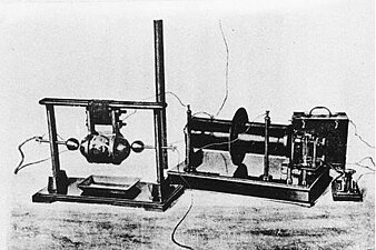 Guglielmo Marconi's spark gap transmitter, with which he performed the first experiments in practical Morse code radiotelegraphy communication in 1895–1897