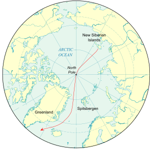 Porció del globus centrada al pol nord, mostrant les masses continentals d'Euràsia i Amèrica, també Groenlàndia, Spitsbergen i les illes de Nova Sibèria. La deriva teòrica es mostra amb una línia des de les illes de Nova Sibèria, passant pel pol nord i arribant després a l'oceà Atlàntic passant entre Spitsbergen i Groenlàndia.