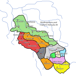 Silesian duchies in 1309–11, Oświęcim before its separation from the Duchy of Teschen (yellow)