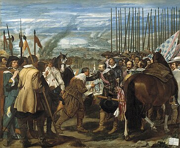 The Surrender of Breda by Diego Velázquez is a near-contemporaneous painting of the end of the 1624 Spanish Siege of Breda in the Netherlands. Justinus van Nassau is seen surrendering to Ambrogio Spinola.