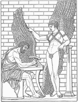Daedalus constructs wings for his son, Icarus, after a Roman relief in the Villa Albani, Rome (Meyers Konversationslexikon, 1888)