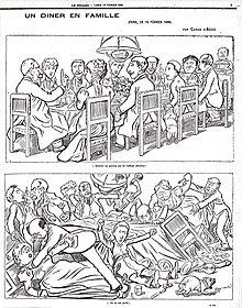 Caricature en deux images disposées verticalement, la première montrant une famille dînant à table, la deuxième montrant les mêmes personnages se battant.