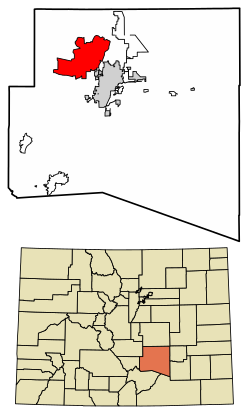 Location of the Pueblo West CDP in Pueblo County, Colorado.