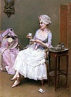 A woman (Aline Masson) drinking a cup of chocolate, in a canvas by Raimundo Madrazo