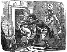 A monochrome illustration of a man pushing a woman toward an open fireplace, which is in use. Two men stand to his right, one armed with a pistol. All three men appear to be smiling.