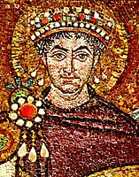 Cesar Justinijan (in cesarica Teodora) imata svetniški sij v mozaikih v baziliki San Vitale v Raveni leta 548. Glej tukaj za prejšnje in tukaj za poznejše primere.