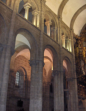 The cathedral of Santiago de Compostela, Spain, has large drum columns with attached shafts supporting a barrel vault.