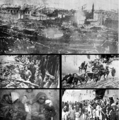 Top: Destruction in the city of Erzurum; Left Upper: Russian forces; Left Lower: Wounded Muslim refugees; Right Upper: Ottoman forces; Right Lower: Armenian refugees