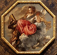 painting of allegorical female figure seated on cloud