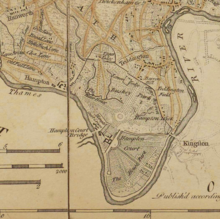 Detail from John Rocque's 1757 map of Middlesex, showing the enclosure of Bushy Park, the Longford River, the settlement of Hampton, and fields to the northwest.