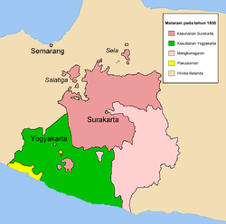 Wilayah Mangkunegaran 1830 (warna merah muda berada sebelah tenggara)
