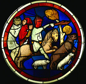 Devil kidnapping a woman, Sainte-Chapelle pane (mid-13th c.) (Now in Museum of Middle Ages, Paris)