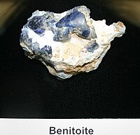 Blue benitoite crystals on white natrolite, Dallas Gem Mine, San Benito Co., California, US