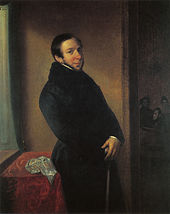 painting of prosperous-looking man in fur-collared black coat