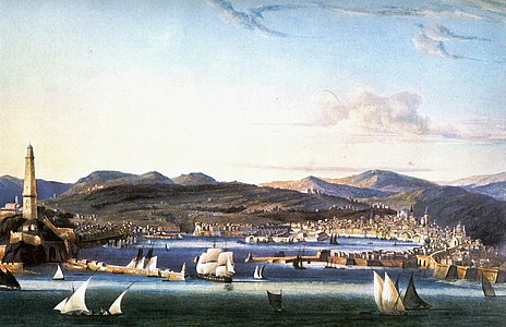 L'area del porto storico in un'acquatinta di Ambroise Louis Garneray del 1810 circa. In primo piano si notano le tall ship in entrata e uscita dal bacino. A sinistra, la Lanterna e, sulla destra, le antiche mura