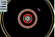 Une représentation animée du mouvement orbital d'Hygie par rapport à Jupiter; ce dernier (cercle pourpre en haut à droite) demeure presque stationnaire.