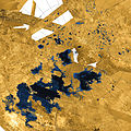 Image 14Lakes of liquid ethane and methane exist on the surface of Titan, Saturn's largest moon. This was confirmed by the Cassini–Huygens space probe, as had been suspected since the 1980s. (Full article…)