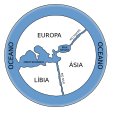 Mapa-múndi de acordo com Anaximandro (século VI a.C.). Apenas partes do Velho Mundo adjacentes aos mares Mediterrâneo e Negro são conhecidas. O rio Fáis do Cáucaso é imaginado como separando a Europa da Ásia, enquanto o rio Nilo separa a Ásia da África (Líbia).