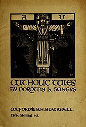 La portada del llibre per a la primera edició. Una imatge estilitzada d'un Crist crucificat està envoltat del nom del llibre i l'autor. Portada de "Catholic Tales and Christian Songs", 1918