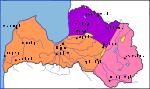 22 June 1919: The 3rd Estonian Division (purple) confronted German forces at Cēsis in the beginning of June and gained victory on 23 June