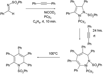 Reacción de N-(bencenosulfonil)benzaldimina con dos equivalentes de difenilacetileno